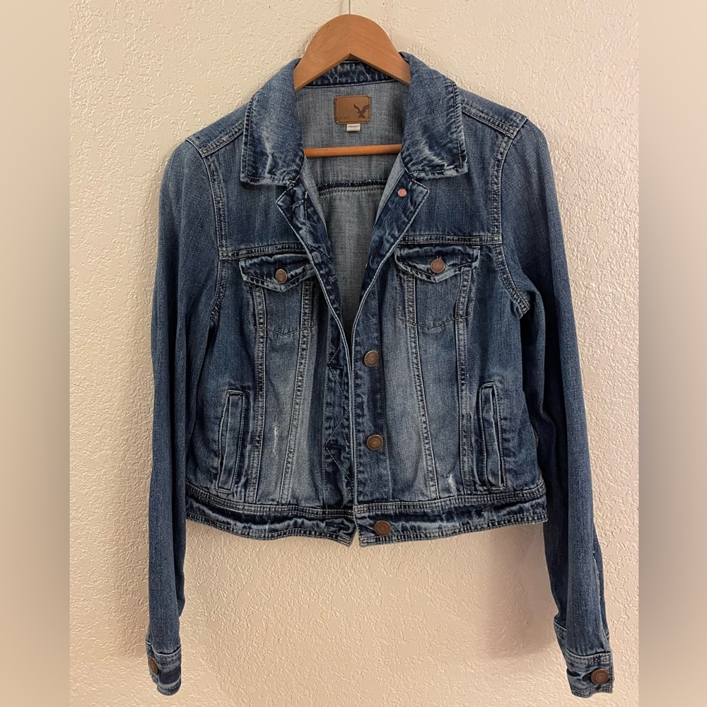 American Eagle size Large denim jacket. Cropped, lightly distressed